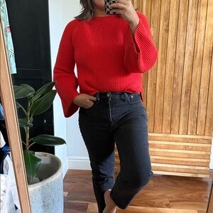 NEEDLE Merino Wool Cashmere Ribbed Boxy Sweater in Coral. Size S